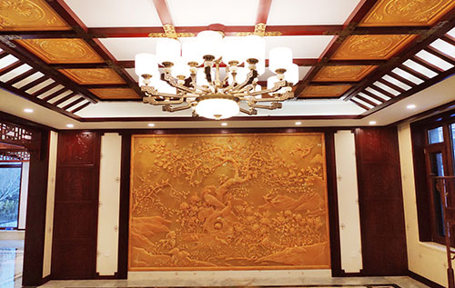 黔江中式别墅客厅中式木作横梁吊顶装饰展示