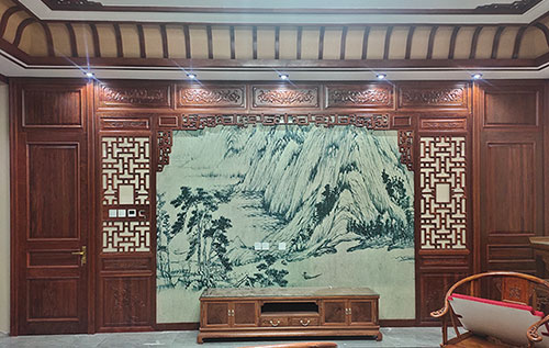 黔江中式仿古别墅客厅背景墙花格木作装饰